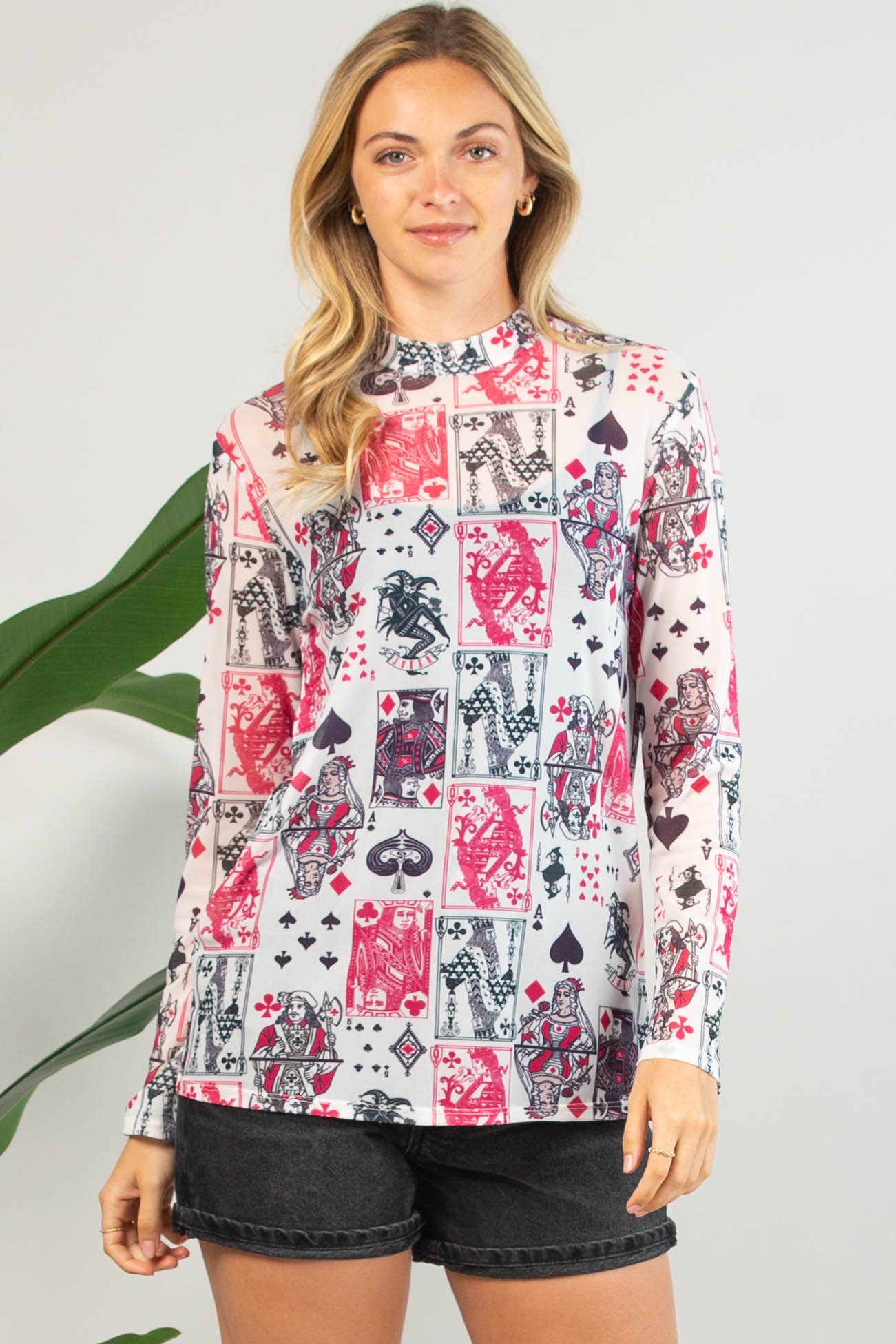 AV1230-ELLEN PLAYING CARDS PRINT SEMI SHEER MESH TOP