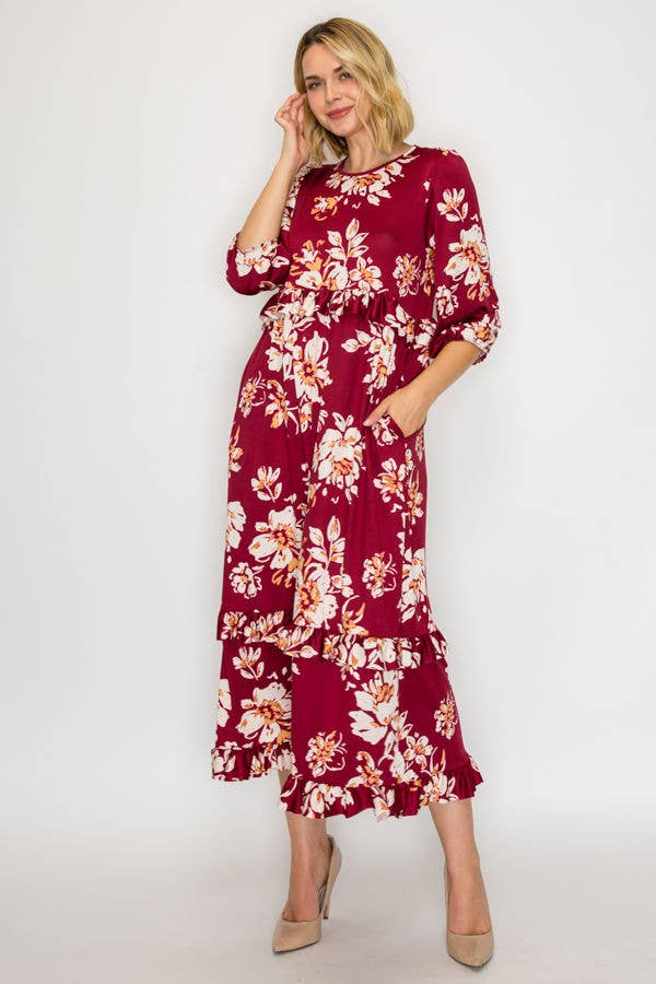 PLUS SIZE TIERED RUFFLE MIDI DRESS WITH SIDE POCKETS