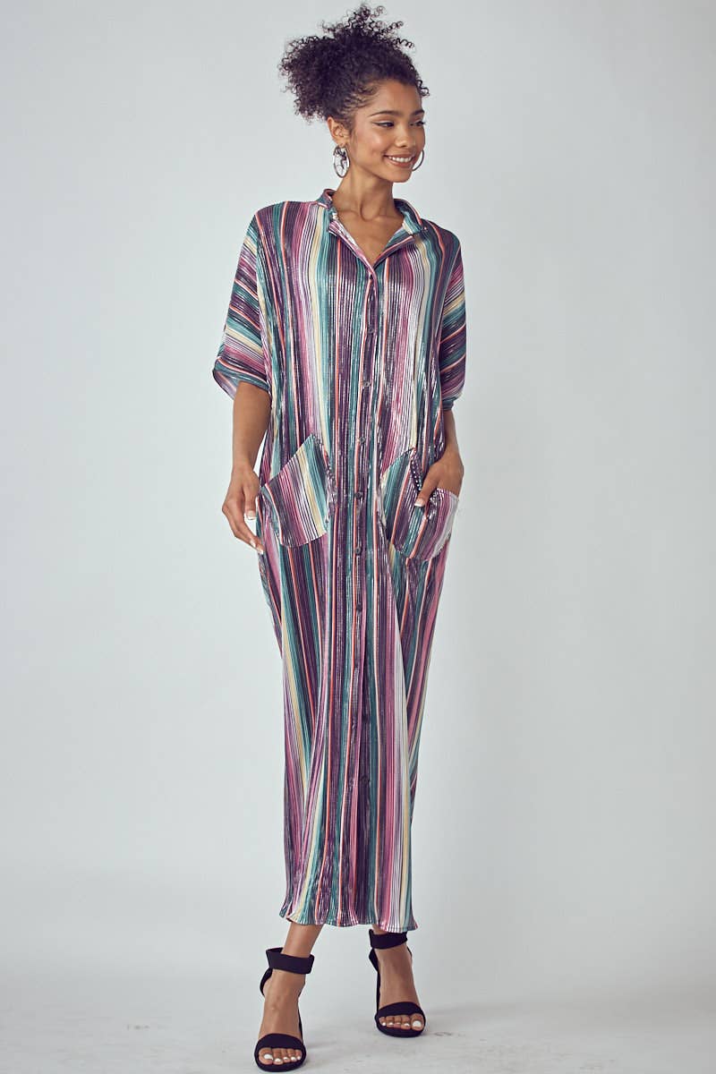 PLEATED METALLIC SOFT DRESS WITH POCKETS