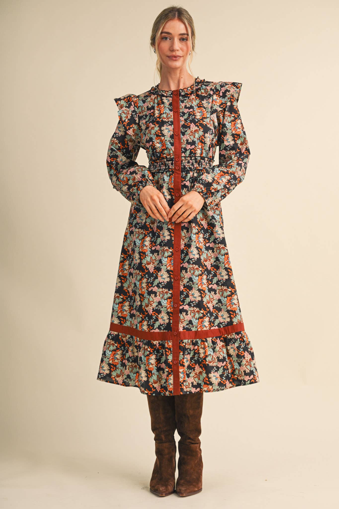 FLORAL BUTTON DOWN CONTRAST BINDING MIDI DRESS MDR5246