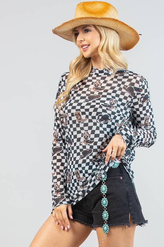 AV1230-VALERIE-5442 WESTERN PRINT CHECKERS PRINT MESH TOP