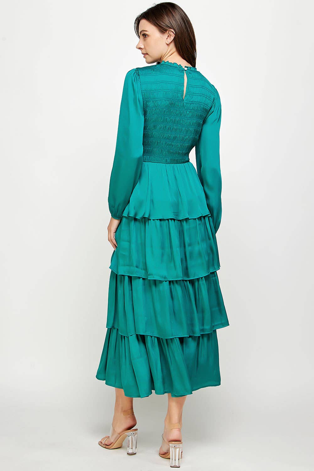 Smocked Detail Satin Tiered Dress