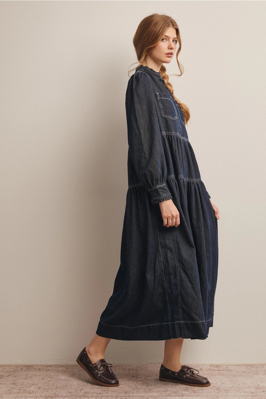 Dark Denim Tiered Zip-Front Maxi Dress