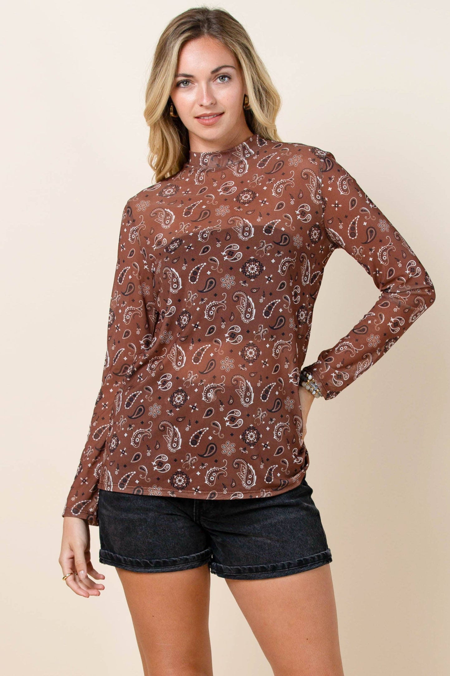 AV1230-EDITH BANDANA PRINT SEMI SHEER MESH TOP