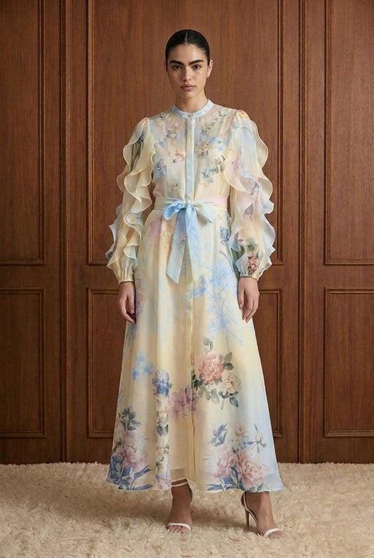 Embellished Floral Chiffon Ruffle Maxi Dress