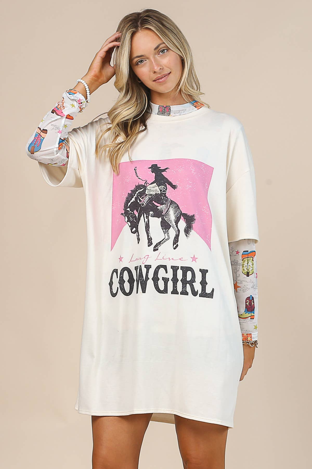 AV1230-GIO BOOTS PRINT MOCK NECK LONG SLEEVE MESH TOP