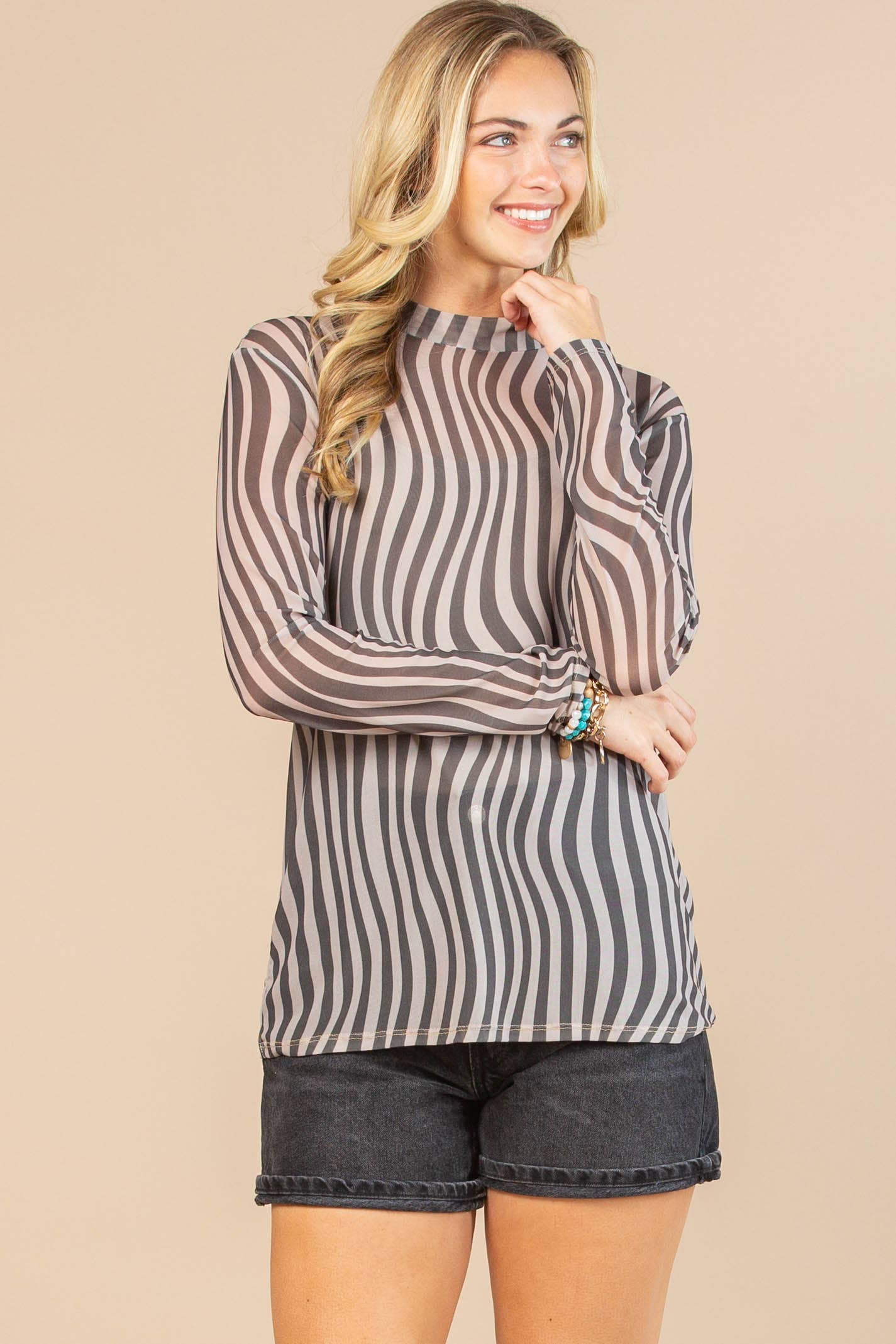 AV1230-RINA GEO PRINT SEMI SHEER MESH TOP