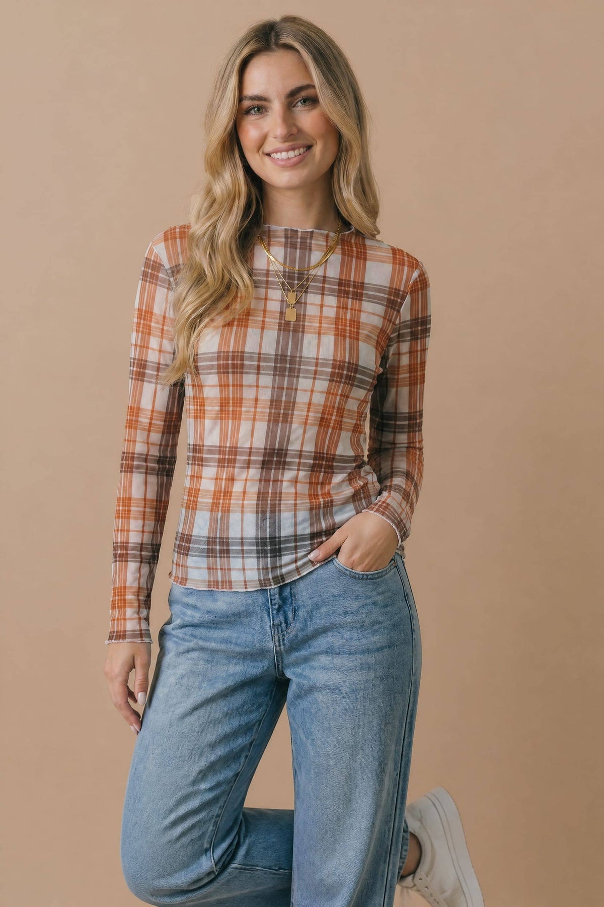 Plus Plaid Mesh Semi Sheer Top