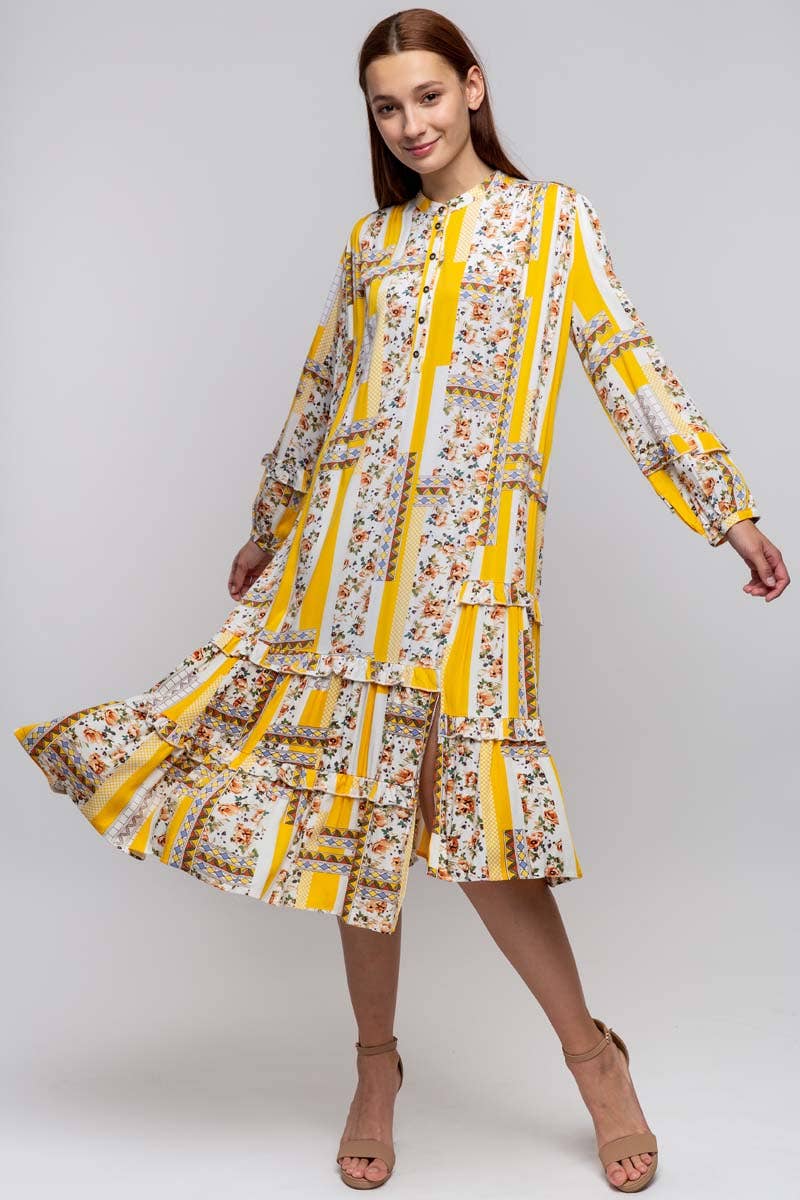 CREW NECK PRINTED DRESS WITH POCKETS