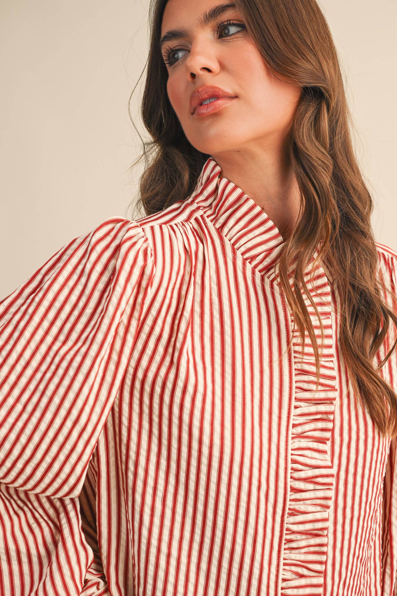 STRIPED RUFFLED BUTTON DOWN LONG SLEEVE TOP MTP4319