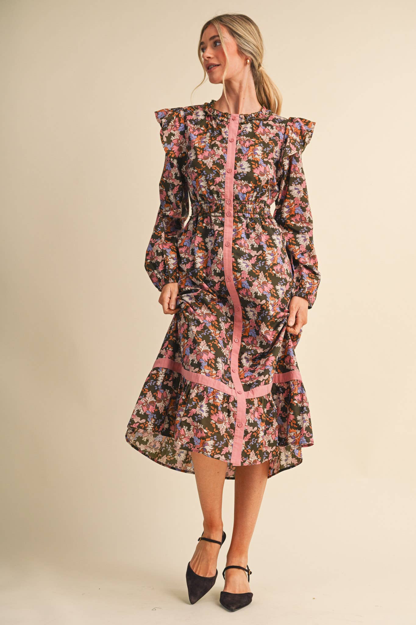 FLORAL BUTTON DOWN CONTRAST BINDING MIDI DRESS MDR5246