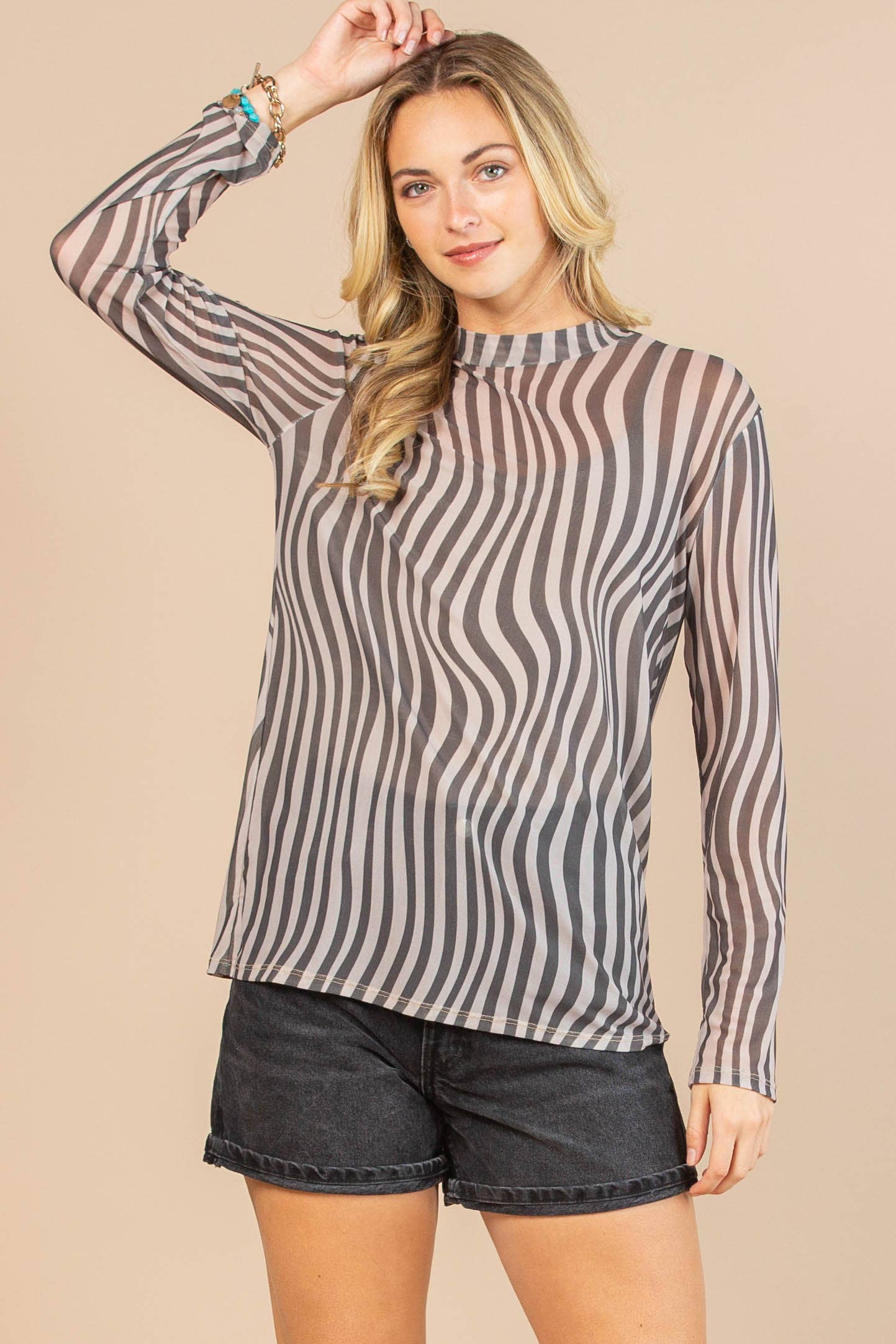 AV1230-RINA GEO PRINT SEMI SHEER MESH TOP