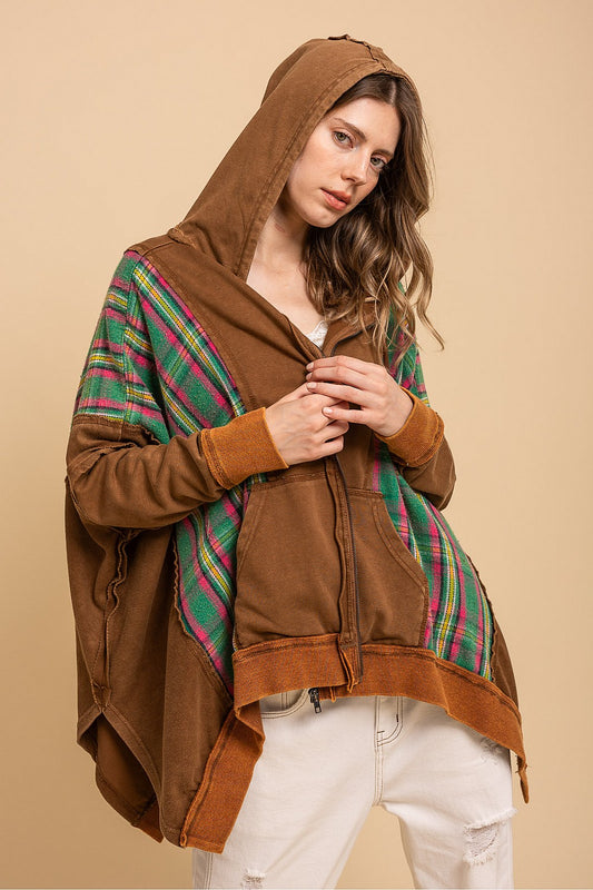 :PLAID CONTRAST FRONT POCKET HOODIE JACKET