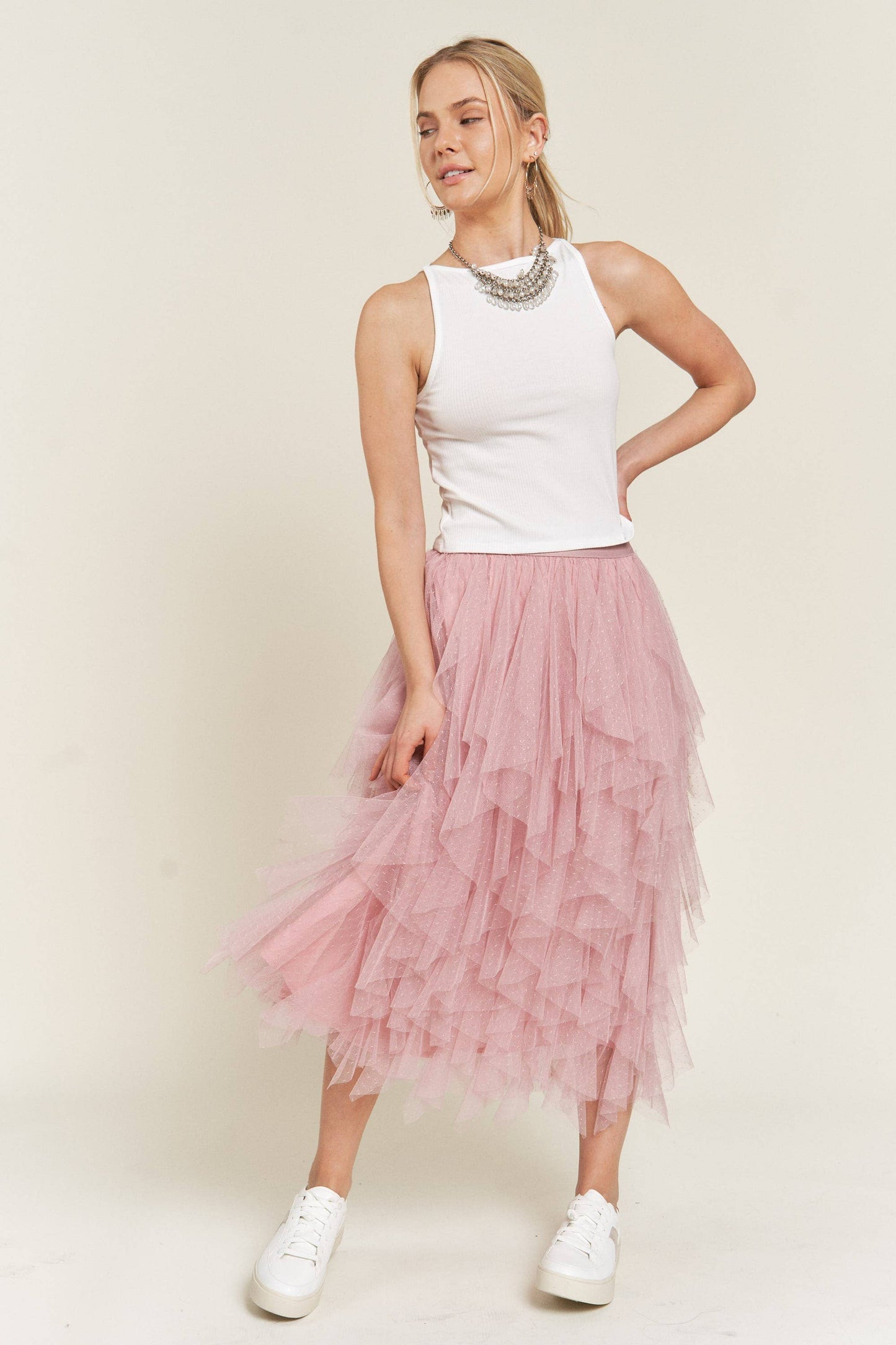 Layered Polka Dot Mesh Lined A-Line Midi Skirt JJB6007