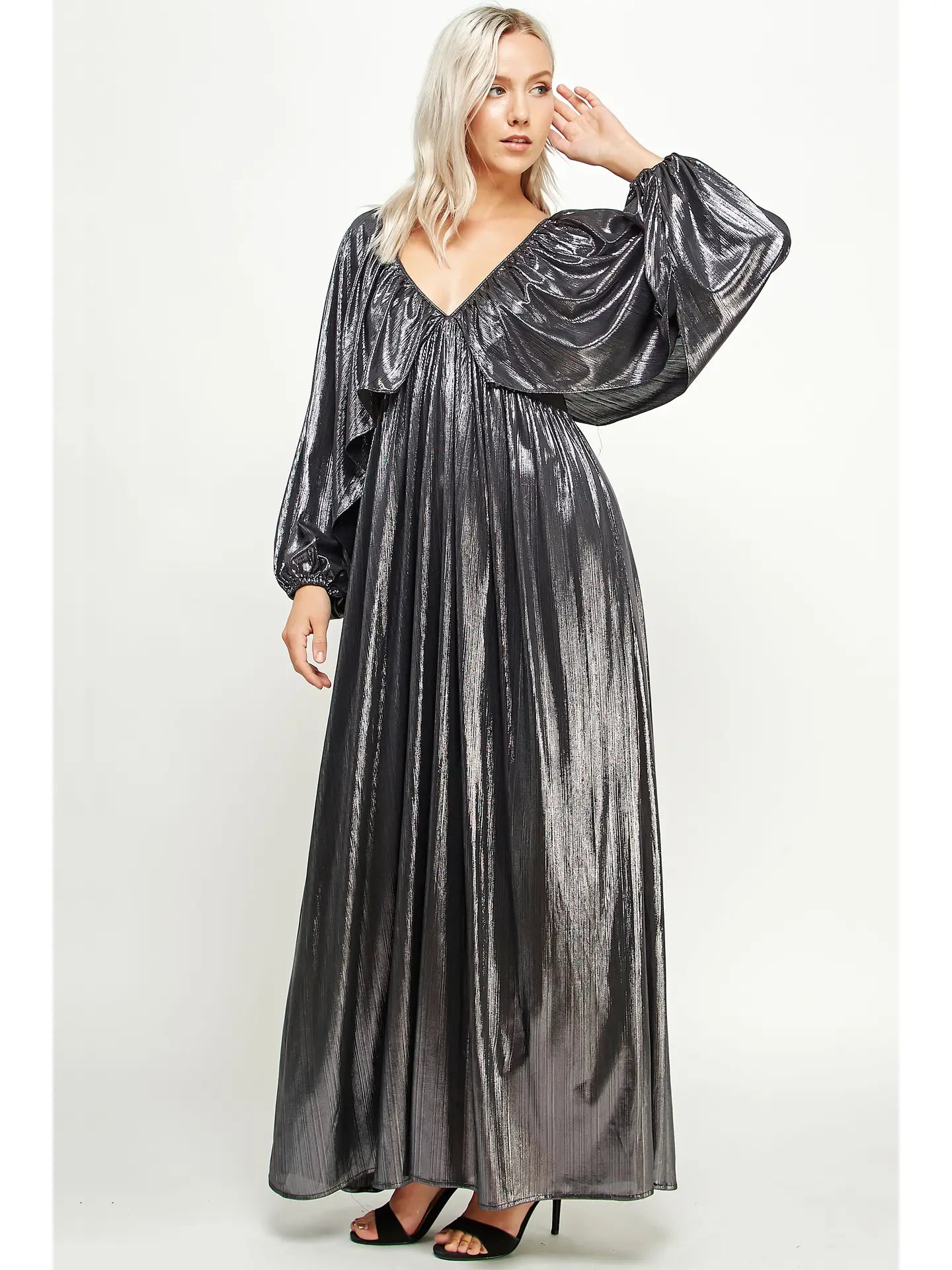 Shirred Metallic Maxi Dress