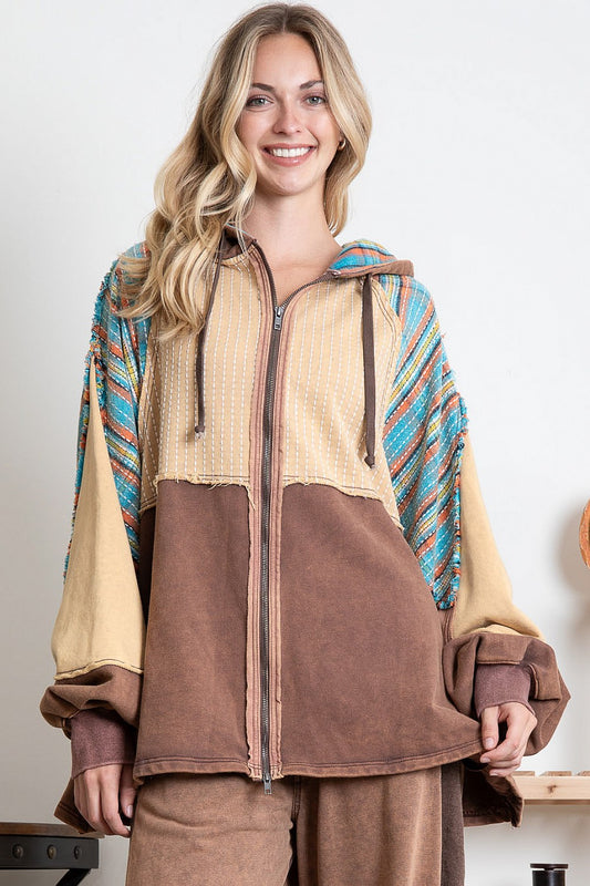 PLAID CONTRAST BUTTOM RUFFLE HODDIE JACKET