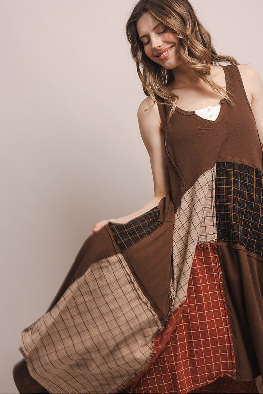 MOCHA>PATCHWORK RACER BACK TANK DRESS