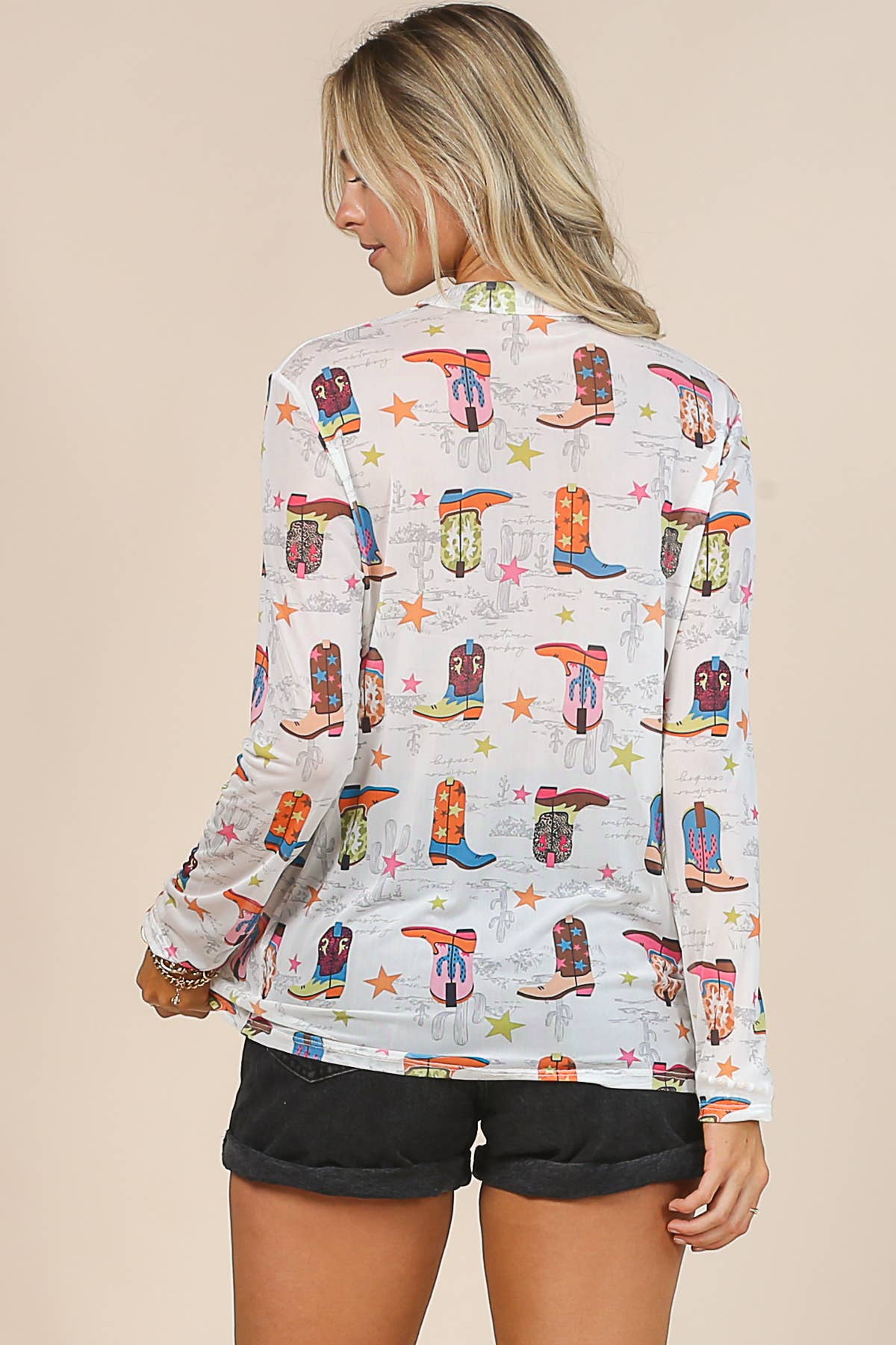 AV1230-GIO BOOTS PRINT MOCK NECK LONG SLEEVE MESH TOP