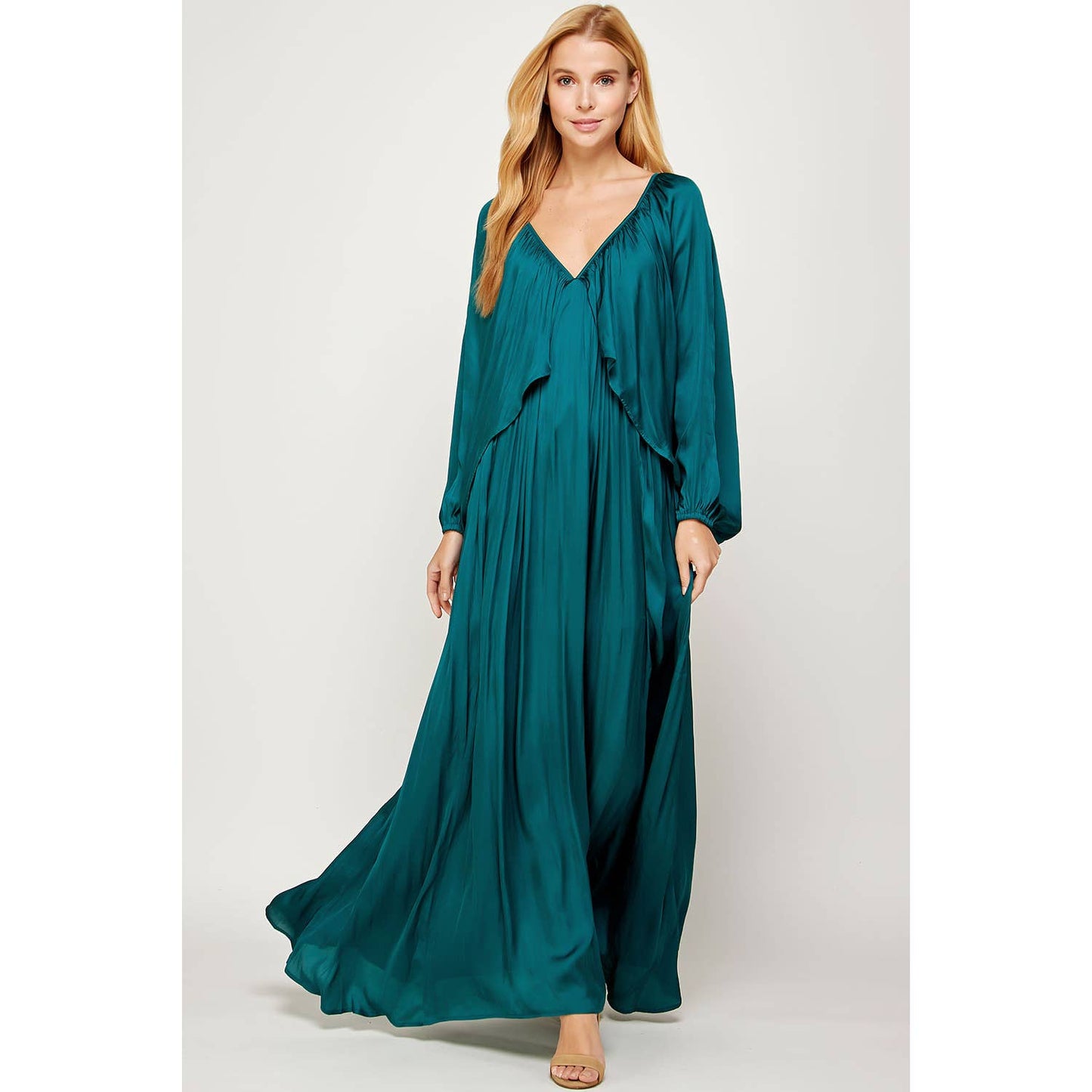 Shirred Satin Balloon Sleeve Maxi Dress