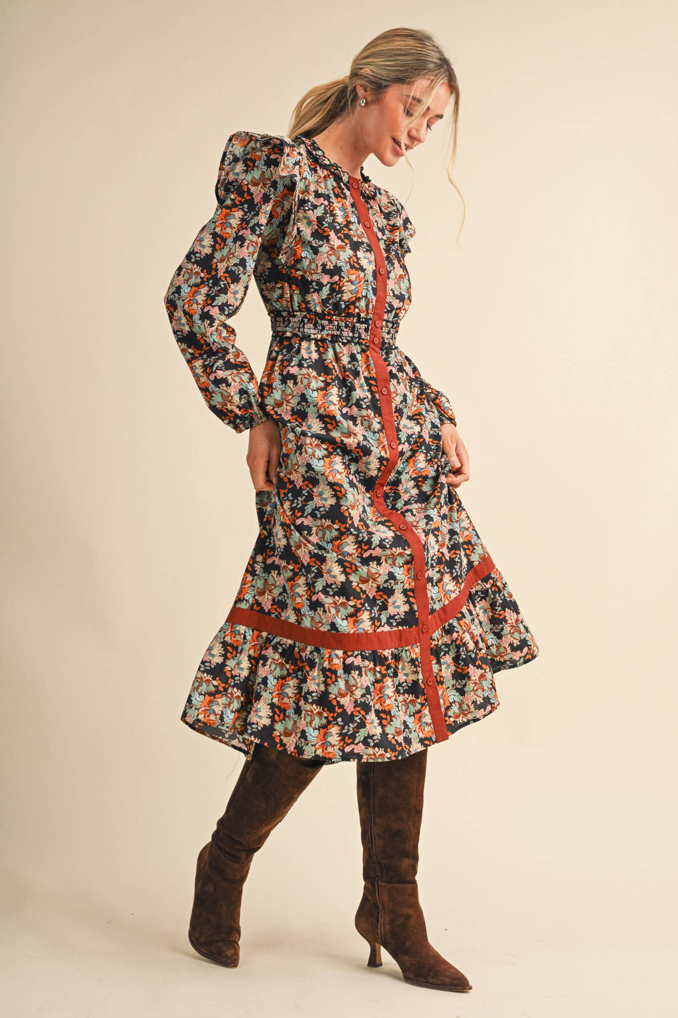 FLORAL BUTTON DOWN CONTRAST BINDING MIDI DRESS MDR5246