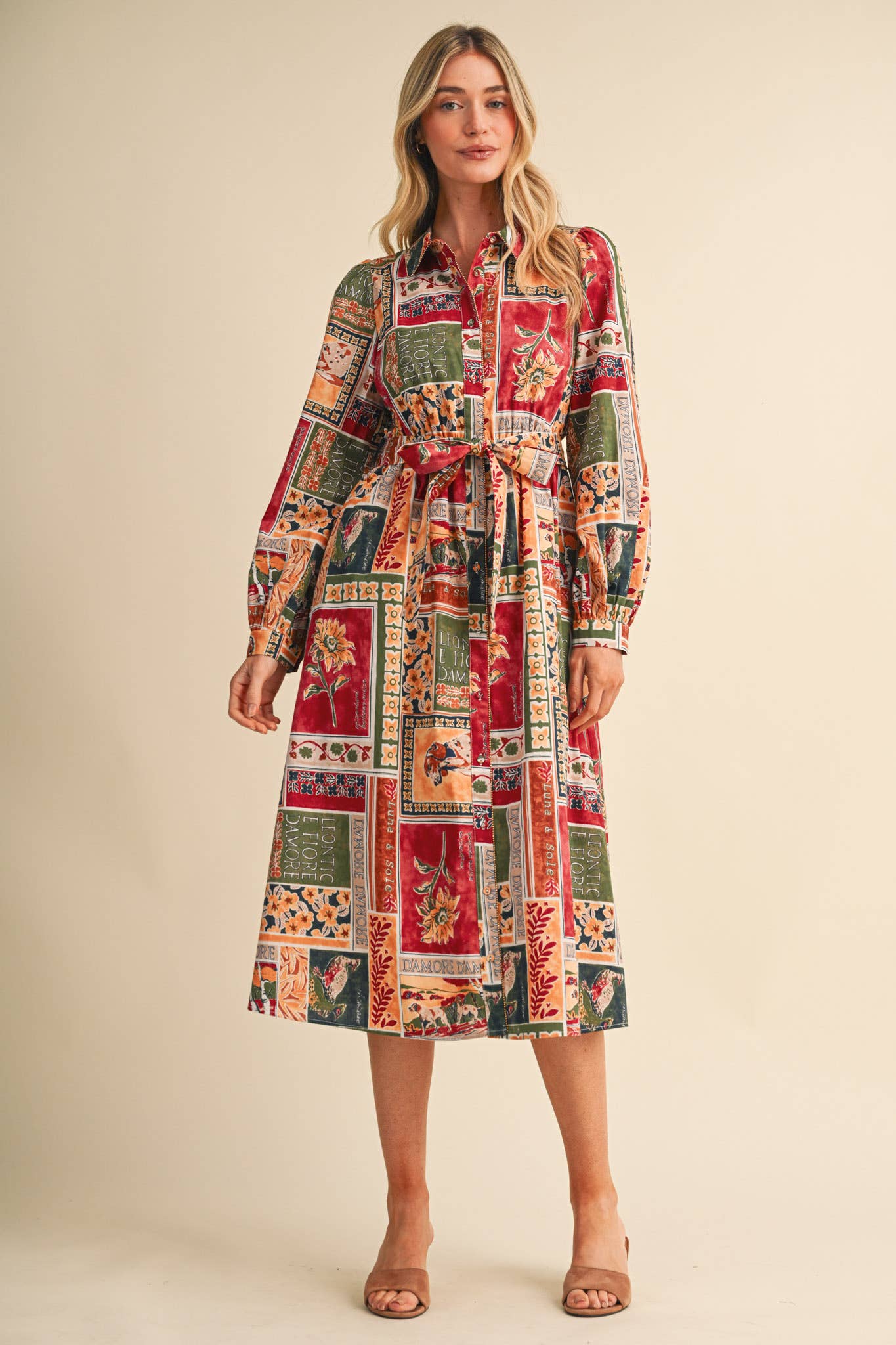 PATCHWORK PRT EMBELLISHED BUTTON DWN BELTED MIDI DRS MDR5359