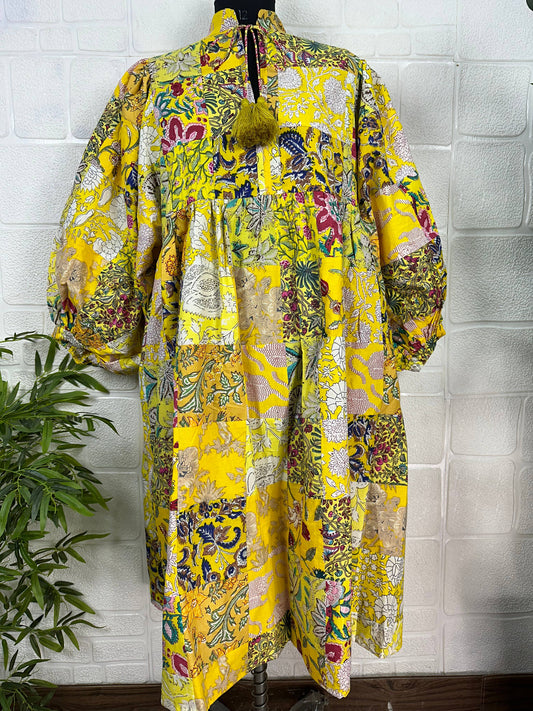 YELLOW SHADES- Hand Patchwork Cotton Dress OneSize