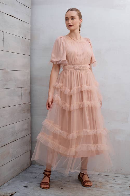 SHORT SLEEVE TULLE TIER MIDI DRESS
