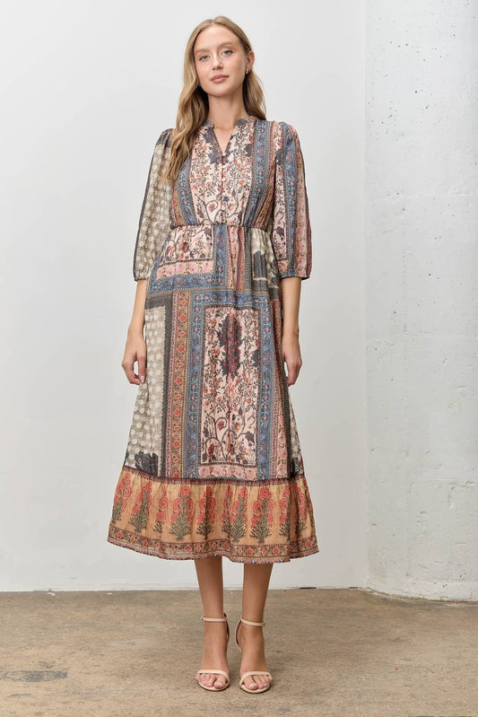 (PLUS) Bohemian Patchwork Print Midi Dress