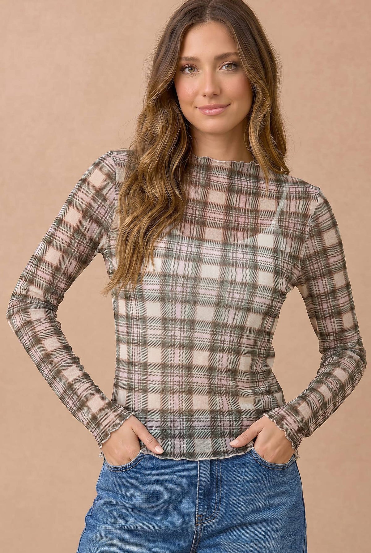 Plus Plaid Mesh Sheer Top
