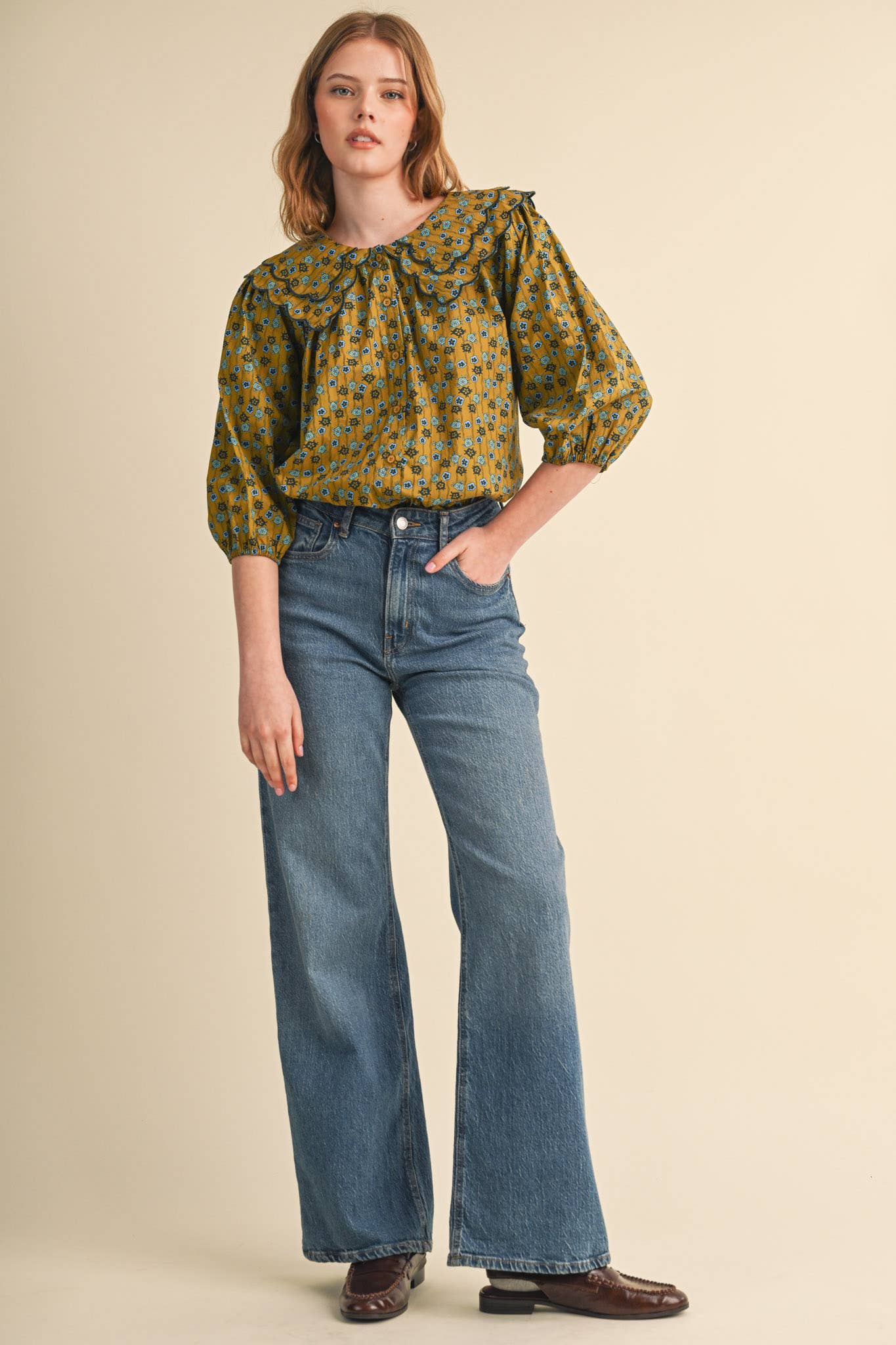SCALLOPED DOLL COLLAR BUTTON UP FLORAL TOP MTP4964
