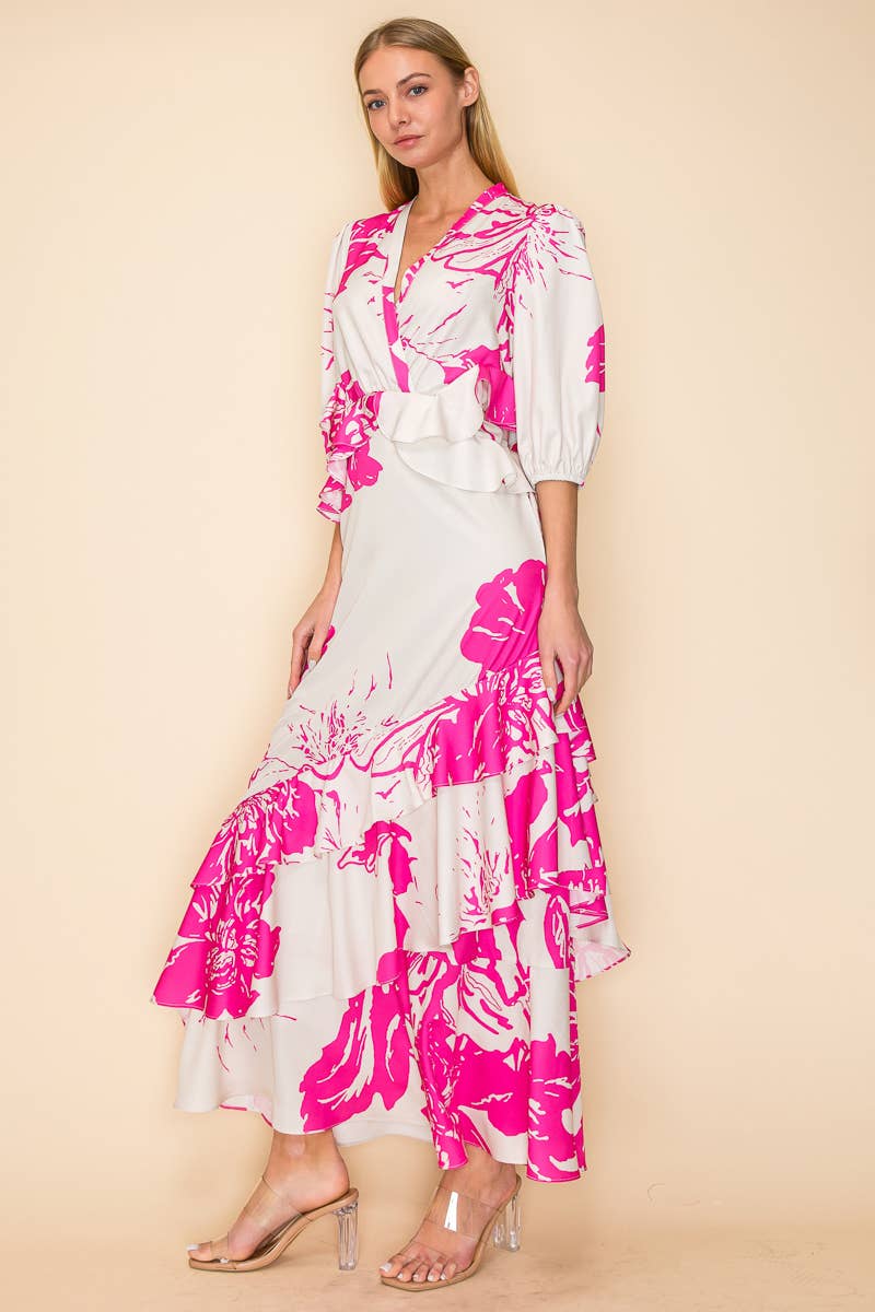 V NECK DRESS WITH RUFFLES AND POCKETS
