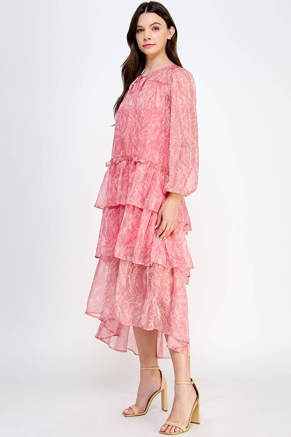 Tiered Long Sleeve Print Midi Dress