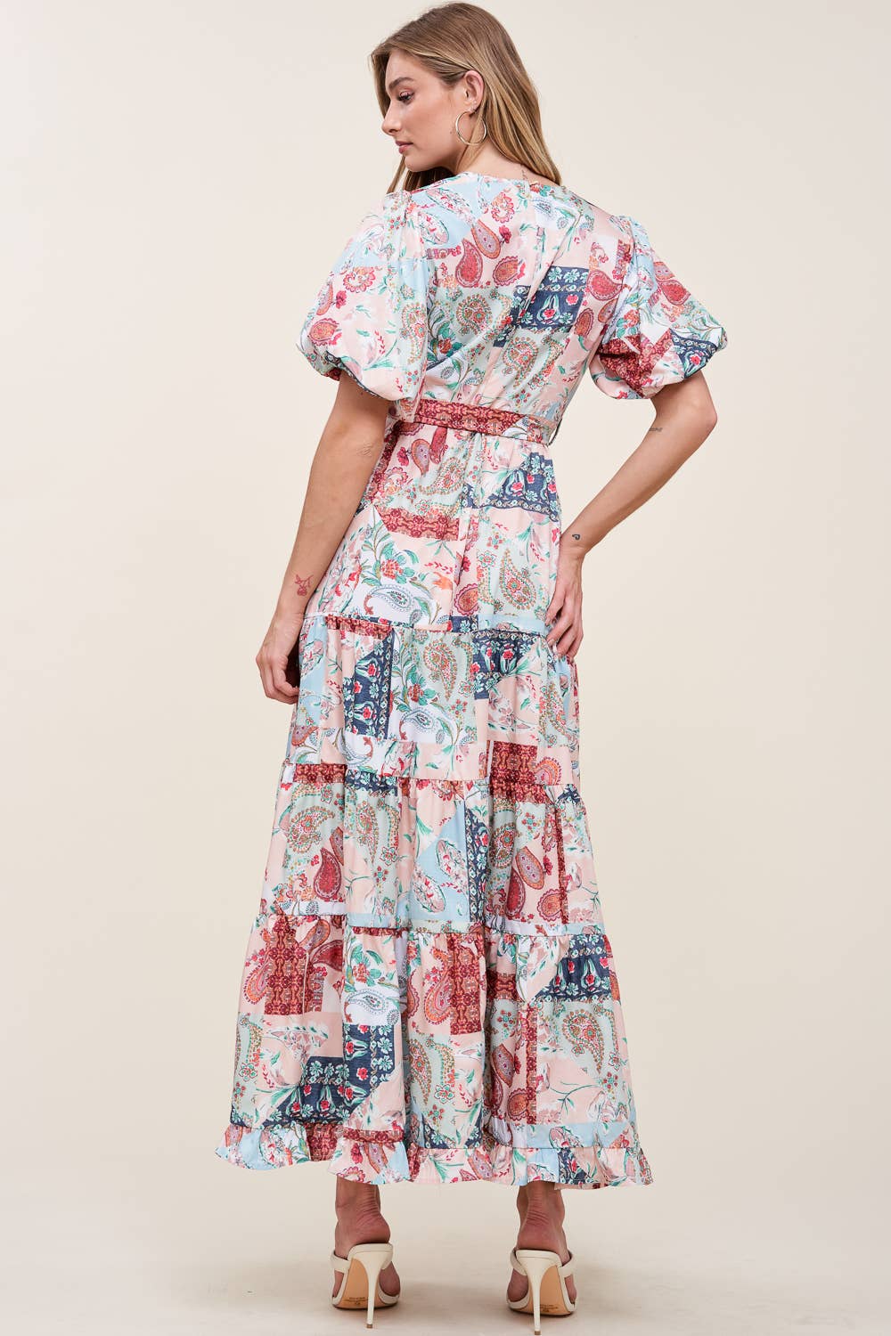 PRINTED V NECK DRESS WITH SELF TIE BOW