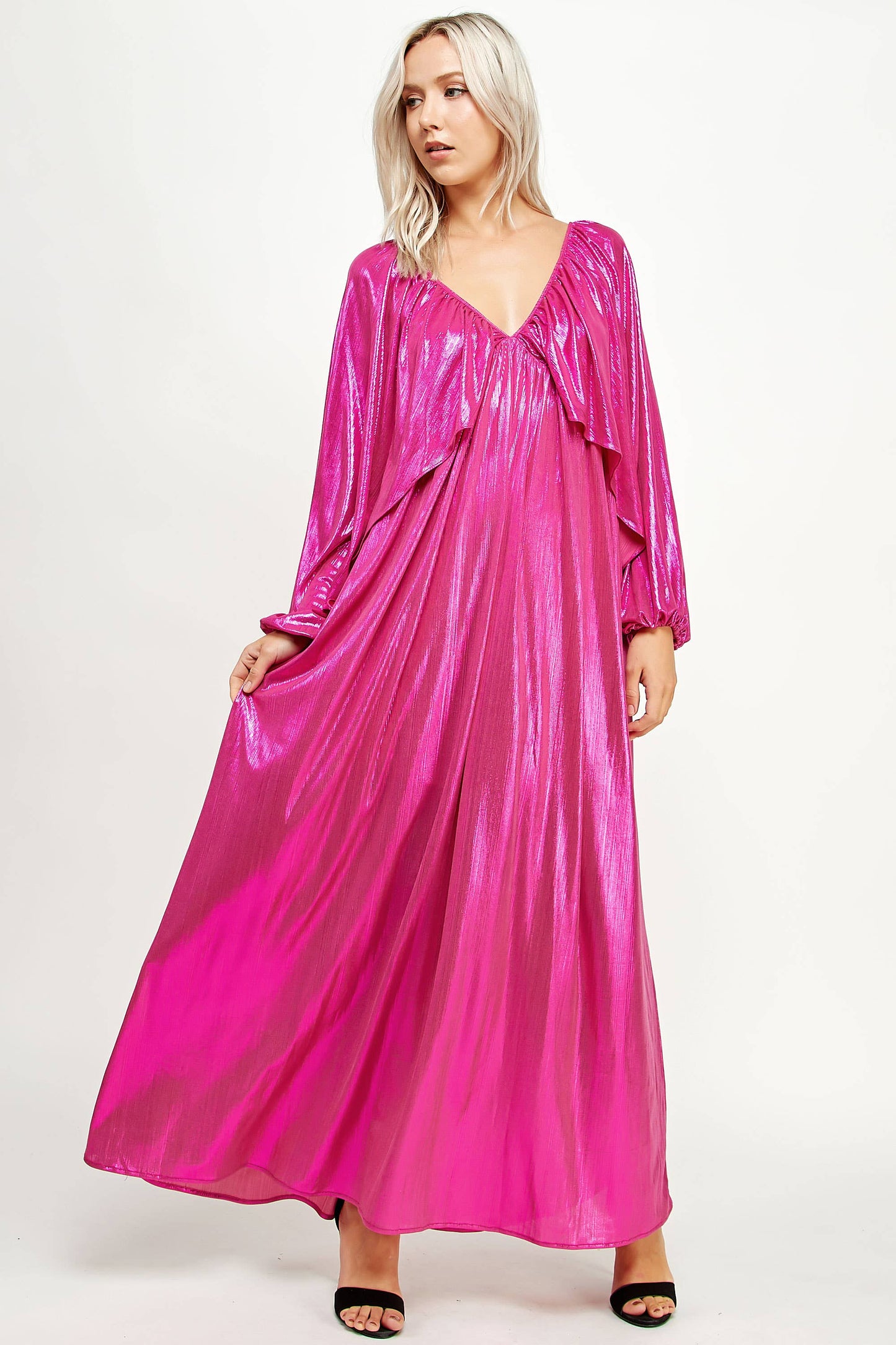Shirred Metallic Maxi Dress
