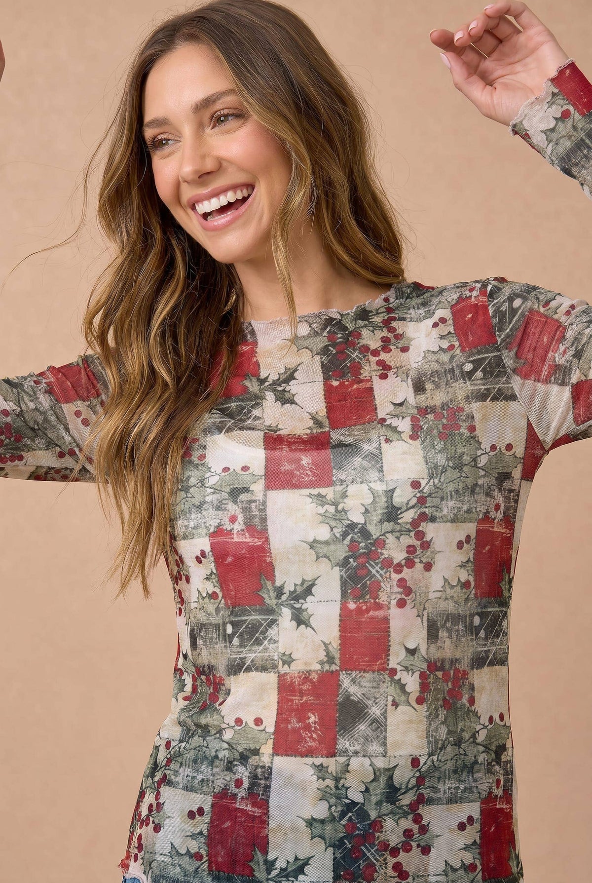 Plus Mistletoe Semi Sheer Mesh Frilled Hem Top