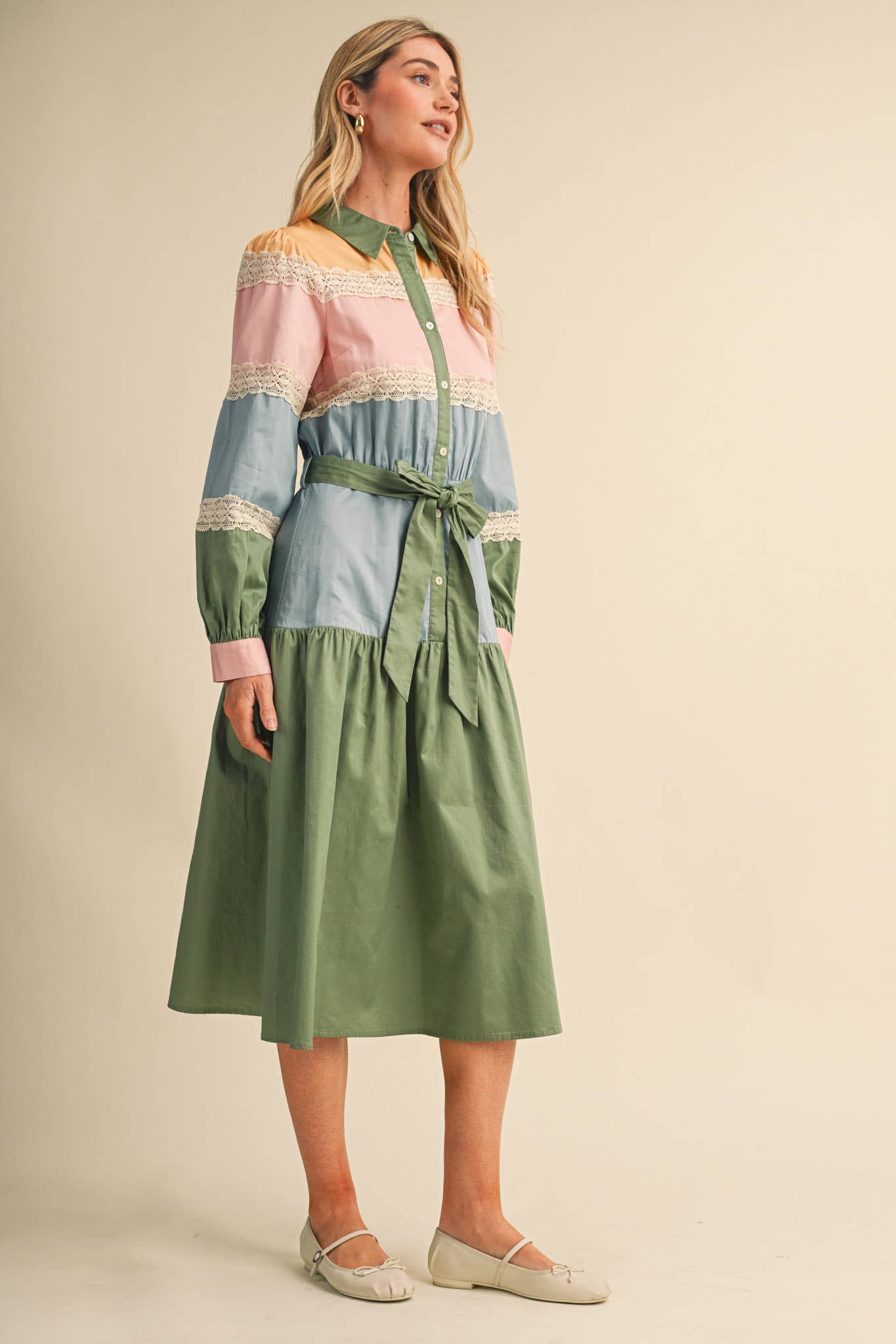 TIERED COLOR BLOCK LACE TRIM BUTTON UP MIDI DRESS MDR5266