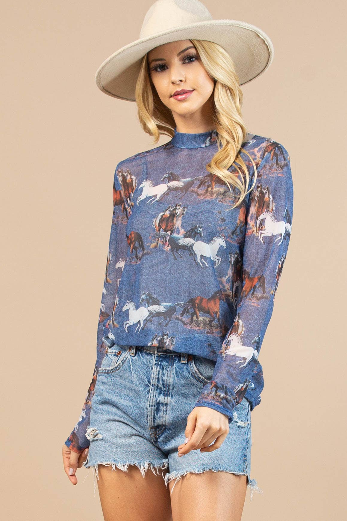 AV1230-ELLIE HORSE PRINT SEMI SHEER MESH TOP