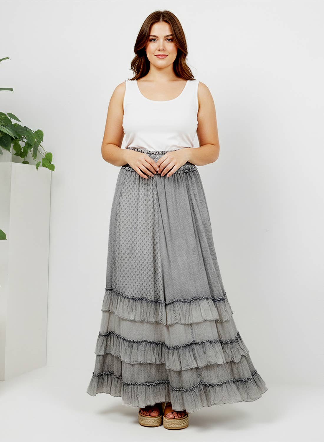 Rustic Smocked Waist Ruffled Tiered Maxi Skirt