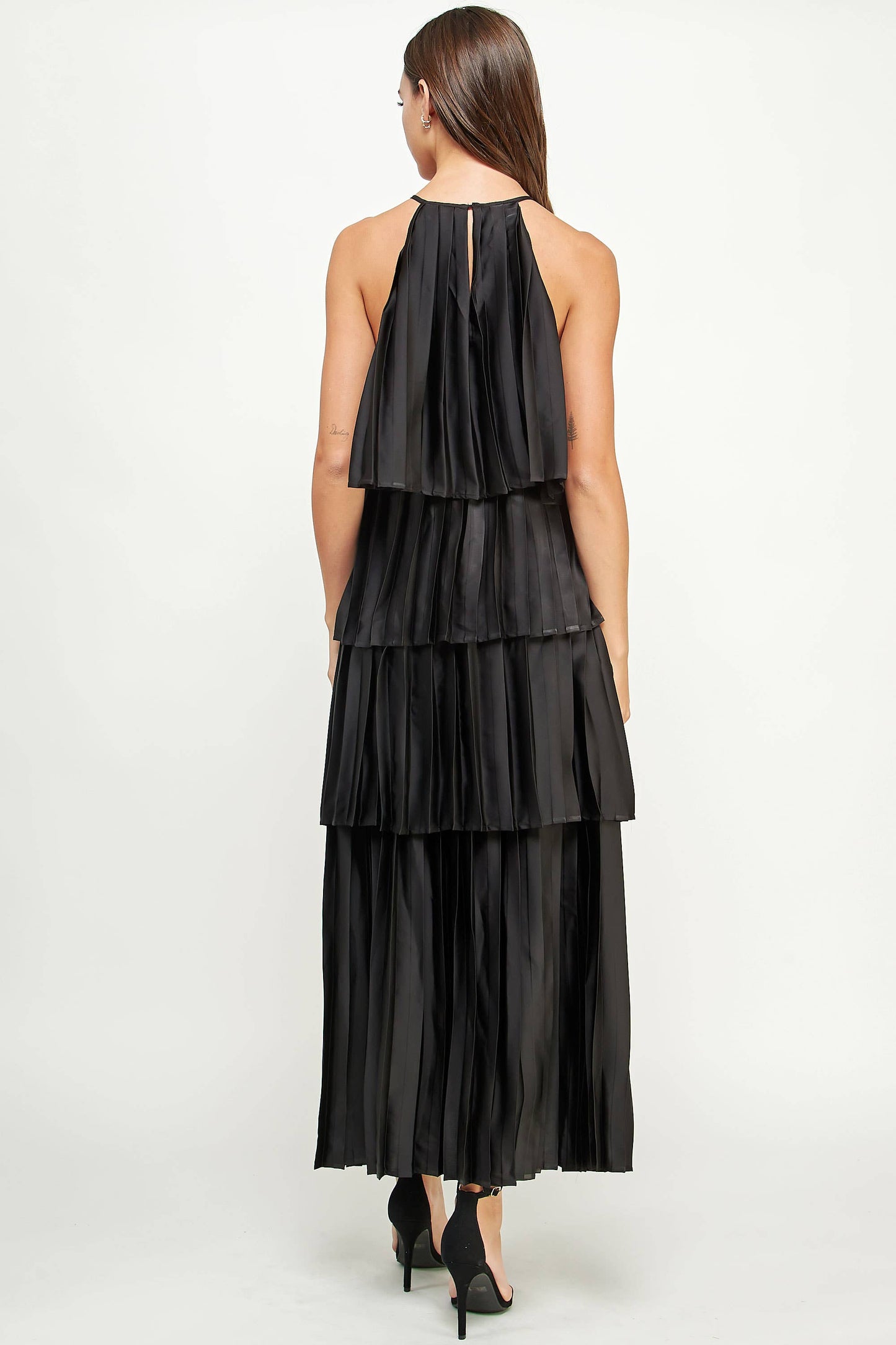 Pleated Satin Tiered Maxi Dress