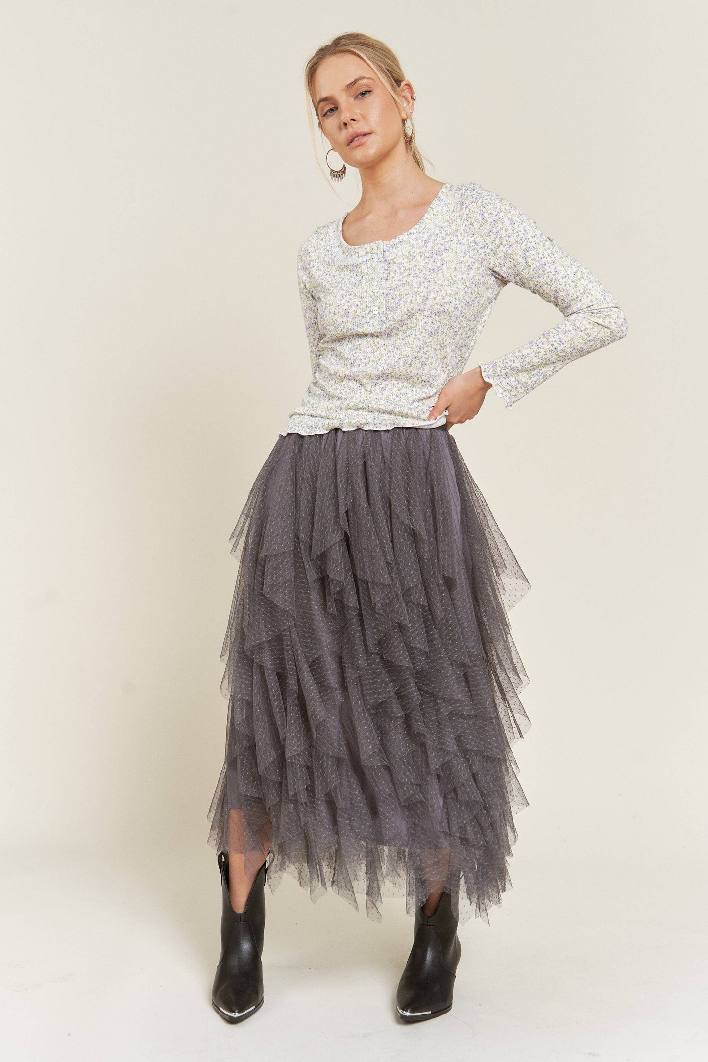 Layered Polka Dot Mesh Lined A-Line Midi Skirt JJB6007