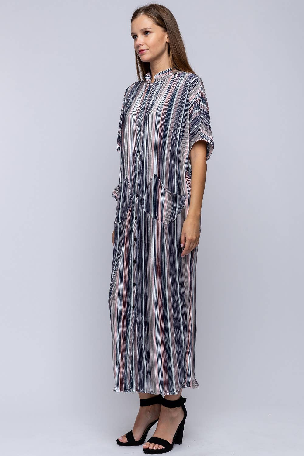 PLEATED METALLIC SOFT DRESS WITH POCKETS