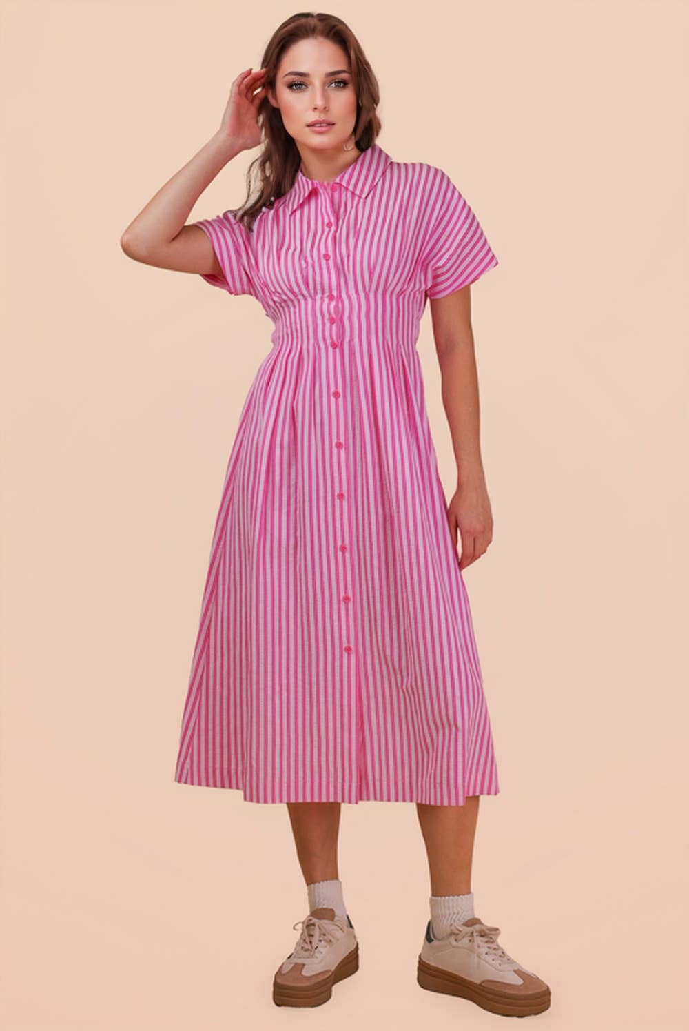 Stripe Waist Pleated Midi Shirt Dres