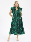 SHORT SLEEVE BUTTON UP FRONT POCKETS MULTI PRINT MAXI DRESS