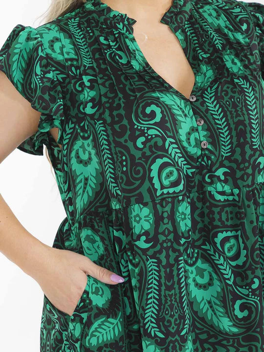 SHORT SLEEVE BUTTON UP FRONT POCKETS MULTI PRINT MAXI DRESS