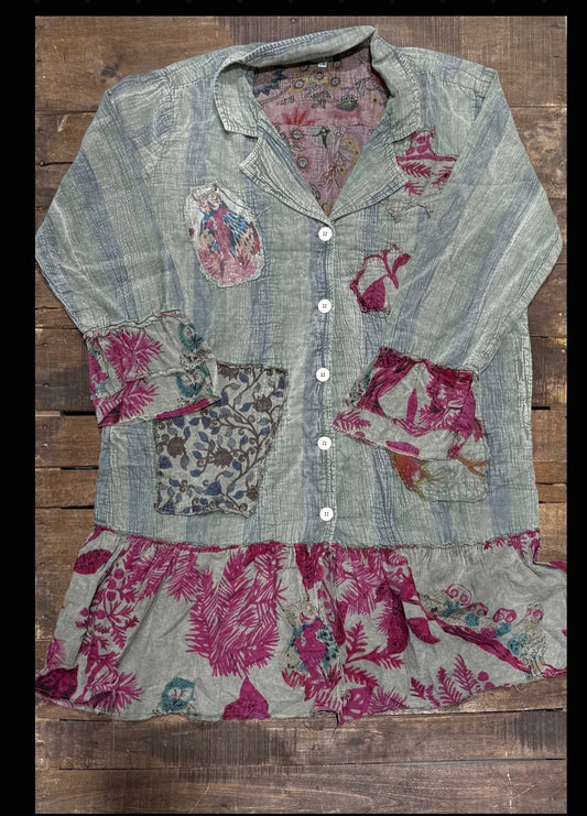 TEAL & Burgundy Patchwork Ruffle Tunic