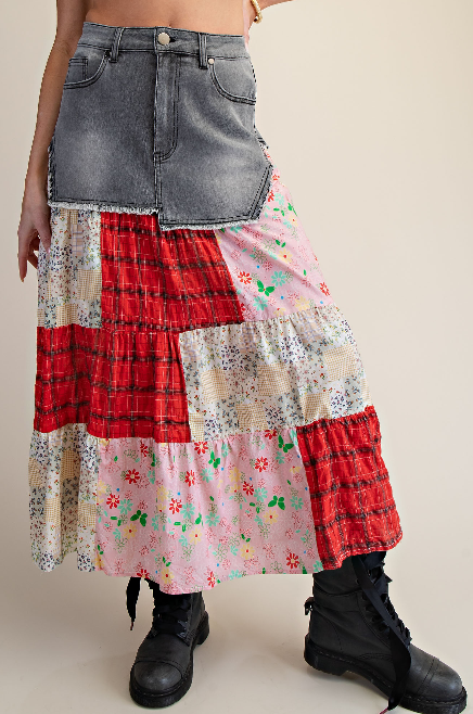 Red white bloom patchwork skirt