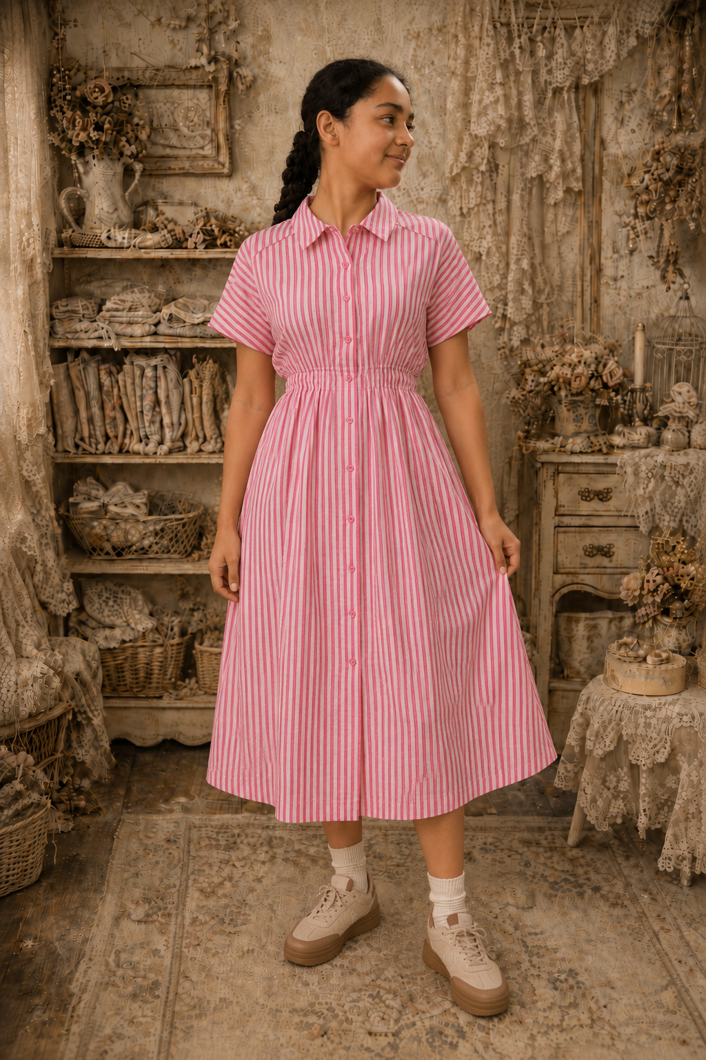 Stripe Waist Pleated Midi Shirt Dres