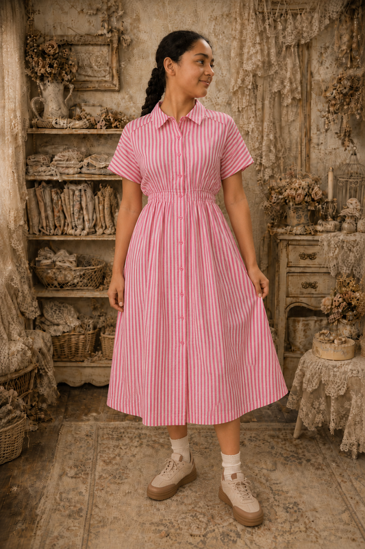 Stripe Waist Pleated Midi Shirt Dres