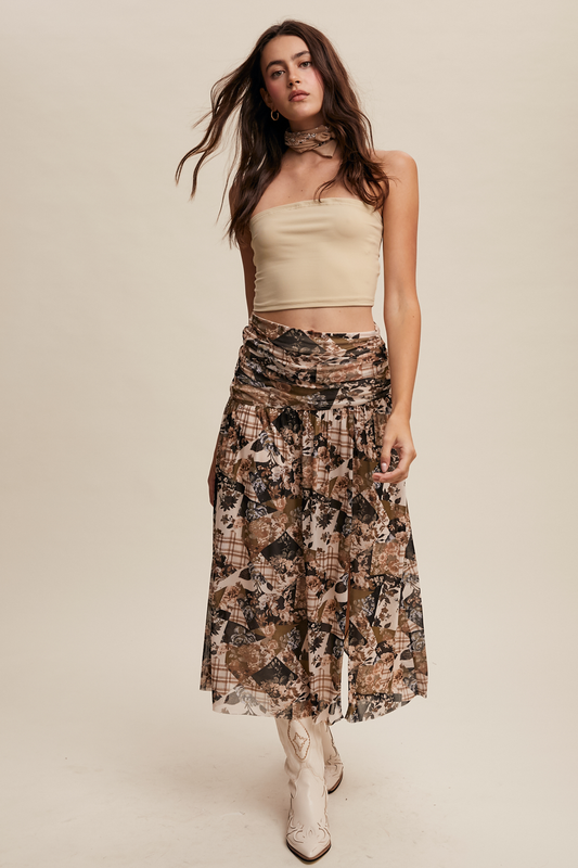 Olive green cow print patchwork skirt