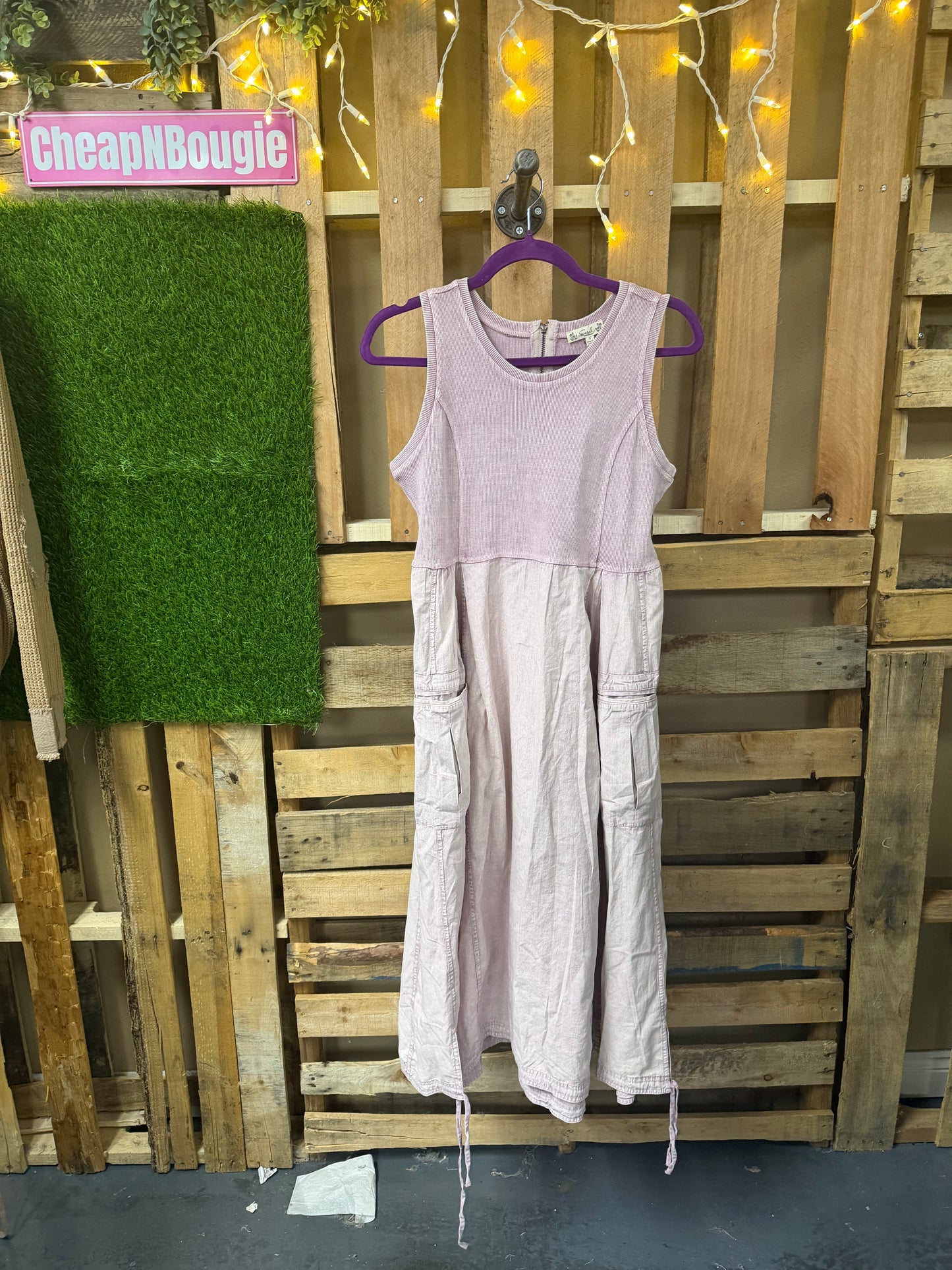 MINERAL WASHED RIB KNIT & COTTON WOVEN MIX CARGO MAXI DRESS